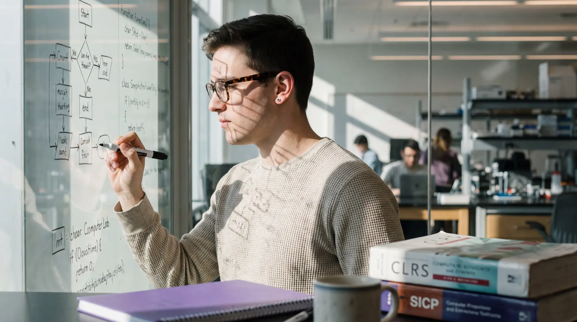 A Harbour.Space student working through a flowchart on a glass whiteboard